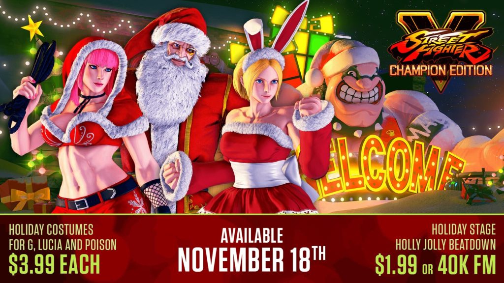 Street Fighter V, Street fighter holiday costumes, g holiday costume, lucia holiday costume, poison holiday skin, holly jolly beatdown, holiday stage